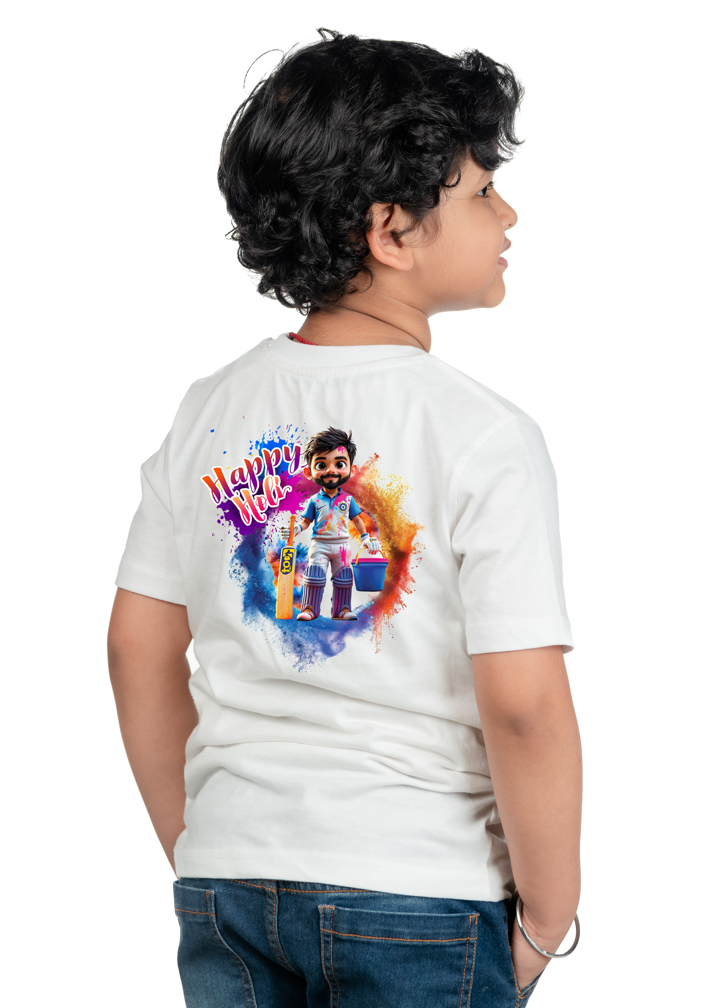 Chombooka Boys & Girls' Colorful Polyester Holi Printed T-Shirt | Festive Fun for Kids | Happy Holi Cricket Theme Printed Tee | Set of 1