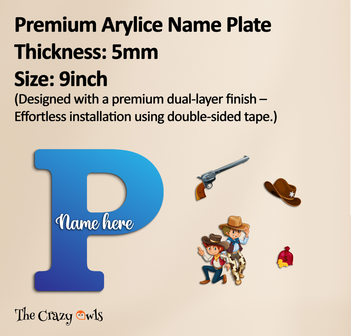 Customized Acrylic Cowboy Theme Letter Sign 9 Inch | Custom Name for Boys Room | Western Style Alphabet Nameplate Decor & Gift | Includes Hanging Rope/Tape