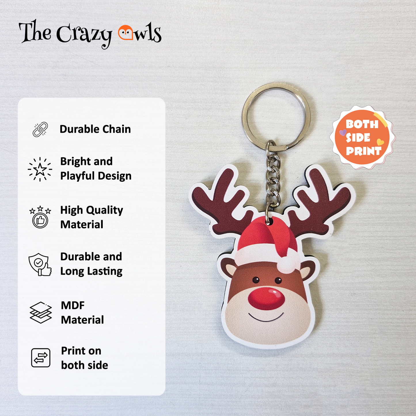 Reindeer, Tree, Merry Christmas, Santa Claus & Bell MDF Keychain | Return Gifts & Secret Santa | Set of 5