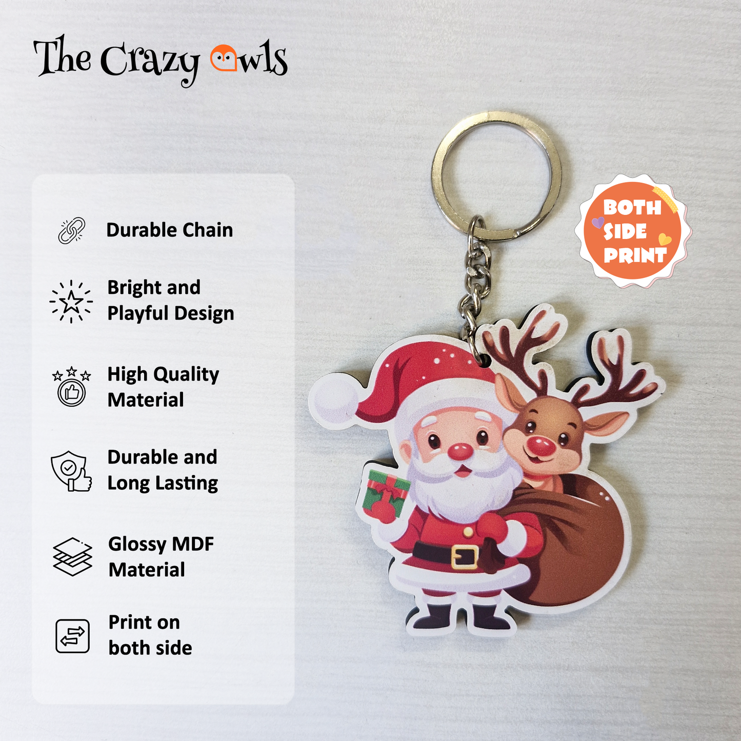 Christmas Santa Keychain | Cute Santa & Reindeer MDF Key Rings for Kids | Christmas Return Gifts, Stocking Stuffers, School | Xmas Keychains | Set of 6