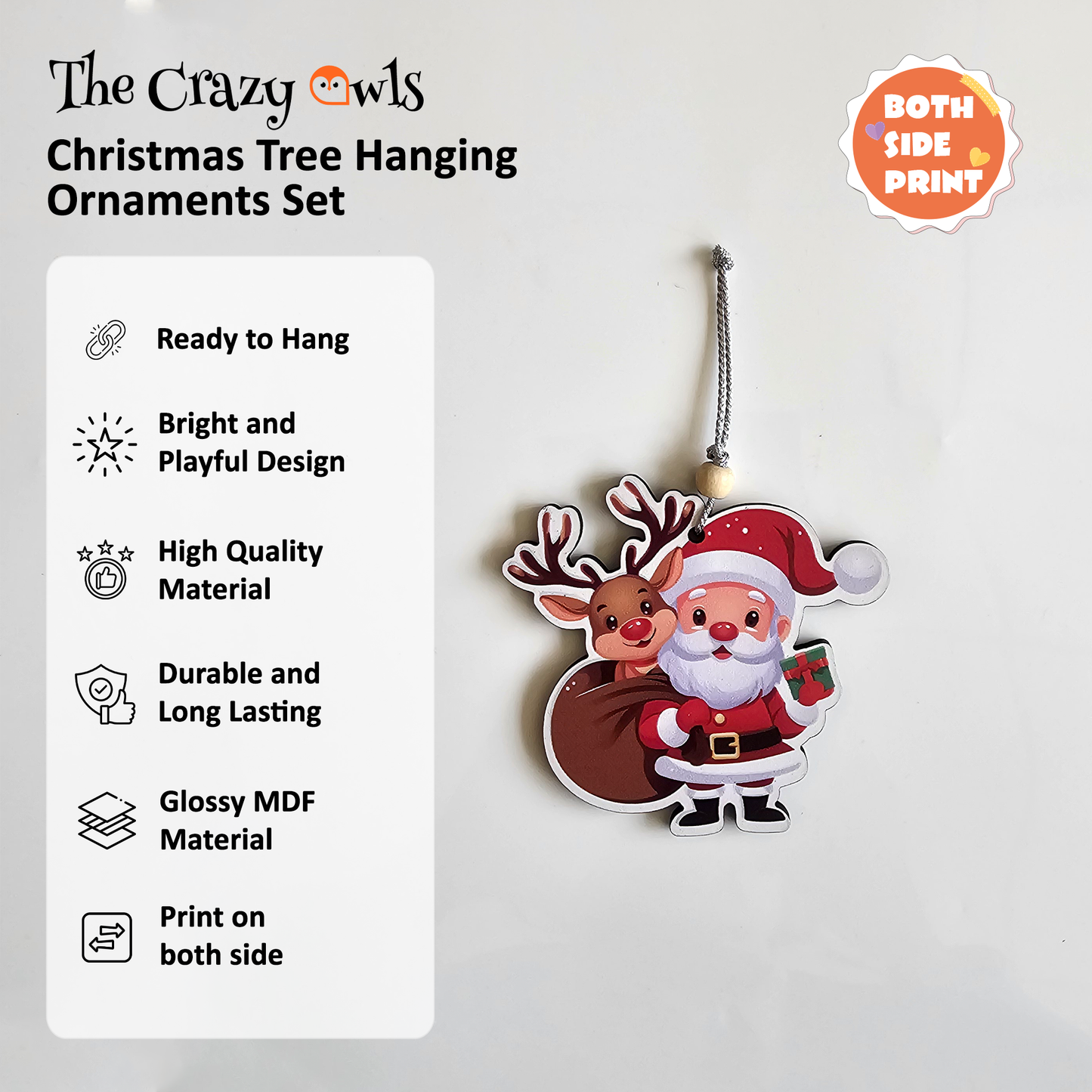 Santa & Reindeer Christmas Hanging MDF Ornaments Cute Holiday Tree Decorations | Santa Claus for Home Decor, Parties, Gifts & DIY Crafts | 3 Inch Set of 6