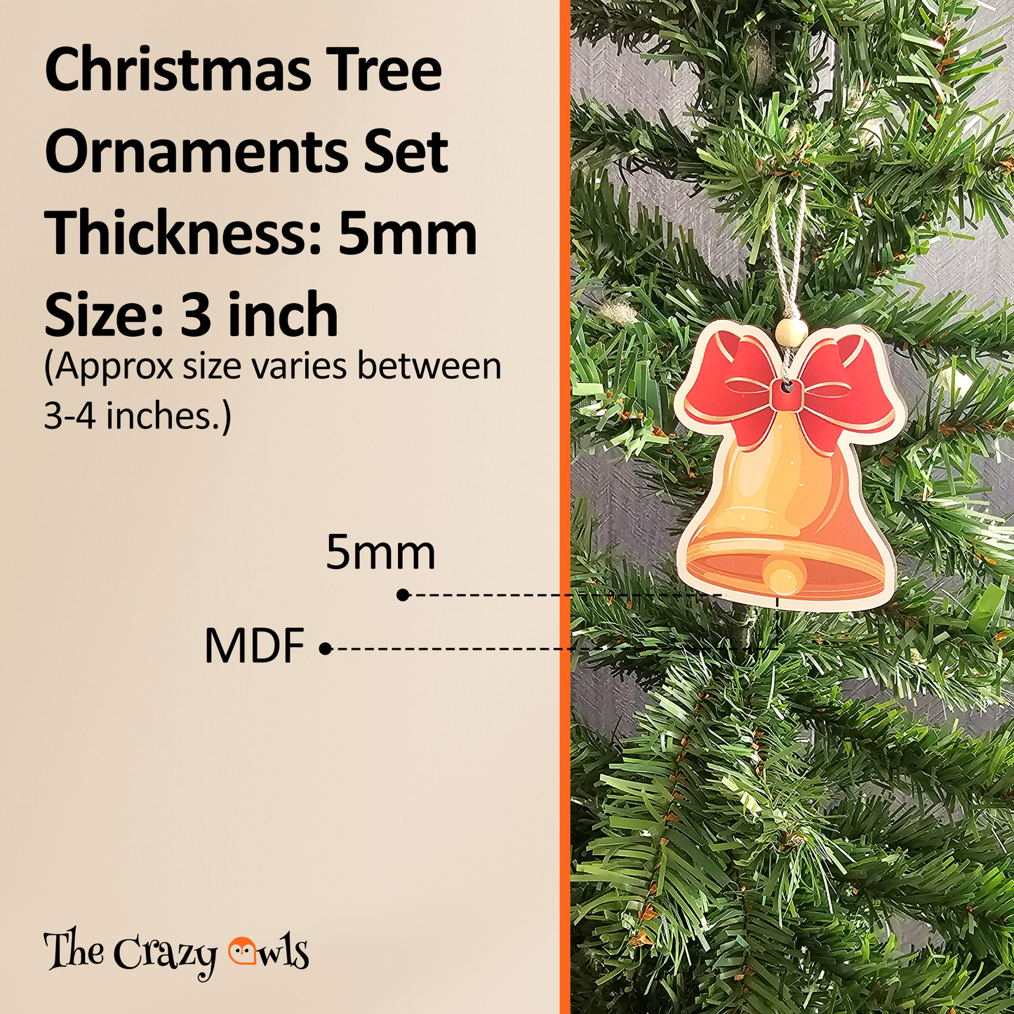 Christmas Ornaments MDF Gold Bell | Hanging Decorations with Red Bow | Holiday Party Décor, Festive Home Decorations, Stocking Stuffer Craft Supplies | Set of 6