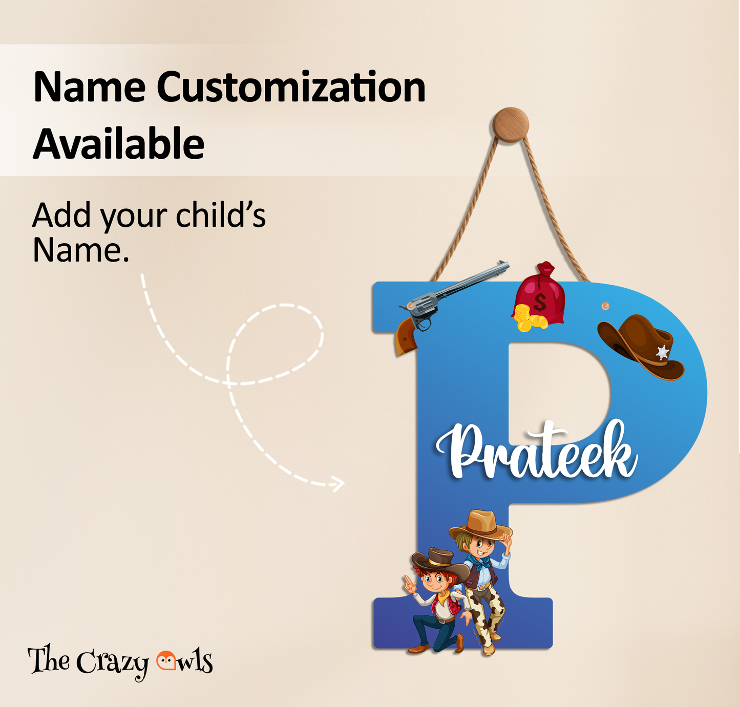 Customized Acrylic Cowboy Theme Letter Sign 9 Inch | Custom Name for Boys Room | Western Style Alphabet Nameplate Decor & Gift | Includes Hanging Rope/Tape