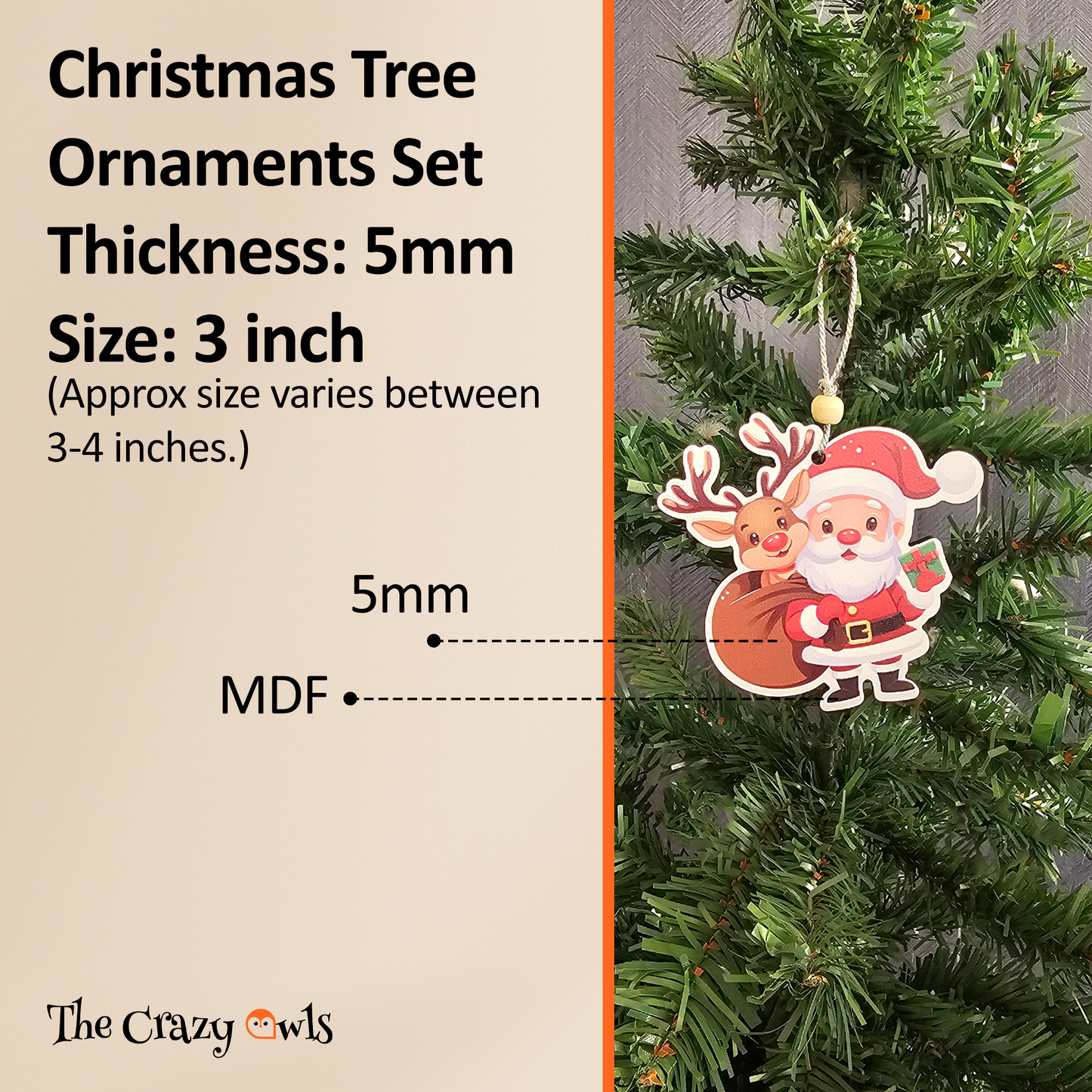 Santa & Reindeer Christmas Hanging MDF Ornaments Cute Holiday Tree Decorations | Santa Claus for Home Decor, Parties, Gifts & DIY Crafts | 3 Inch Set of 6