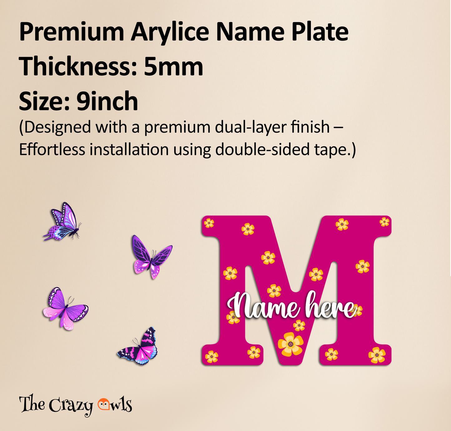 Customized Acrylic Name Sign for Kids Room | 9 Inch Pink Floral Butterfly Initial Wall Decor | Personalized Nameplate Birthday Gift for Girls | Includes Hanging Rope/Tape