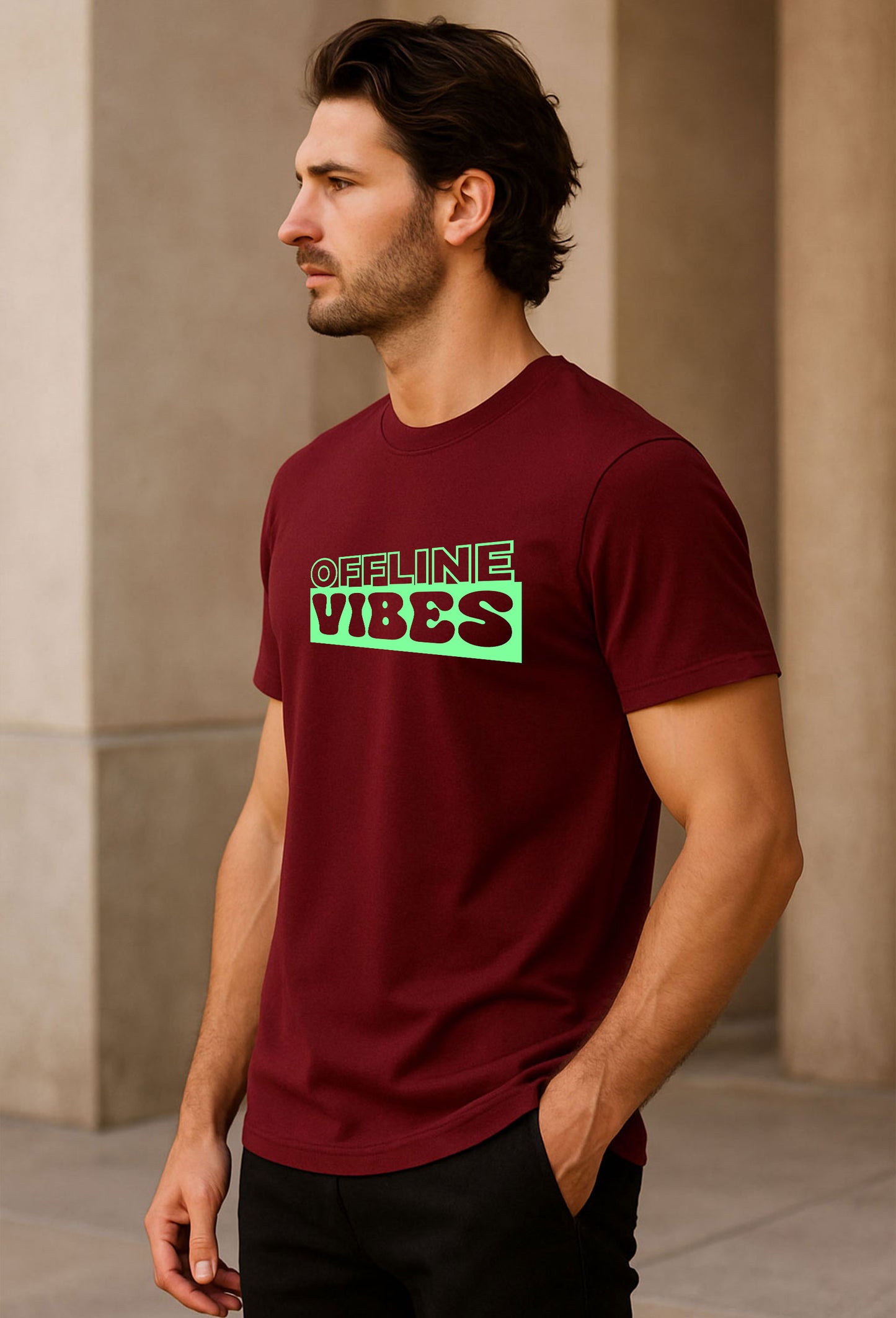 Offline Vibes Printed Pure Cotton T-Shirt for Men | Neon Green Typography Graphic Tee | Trendy Streetwear Half Sleeve T-Shirt
