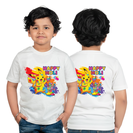 Holi T Shirt for Boys & Girls | Happy Holi Color Cartoon Printed | Festival Wear Polyester T-Shirt