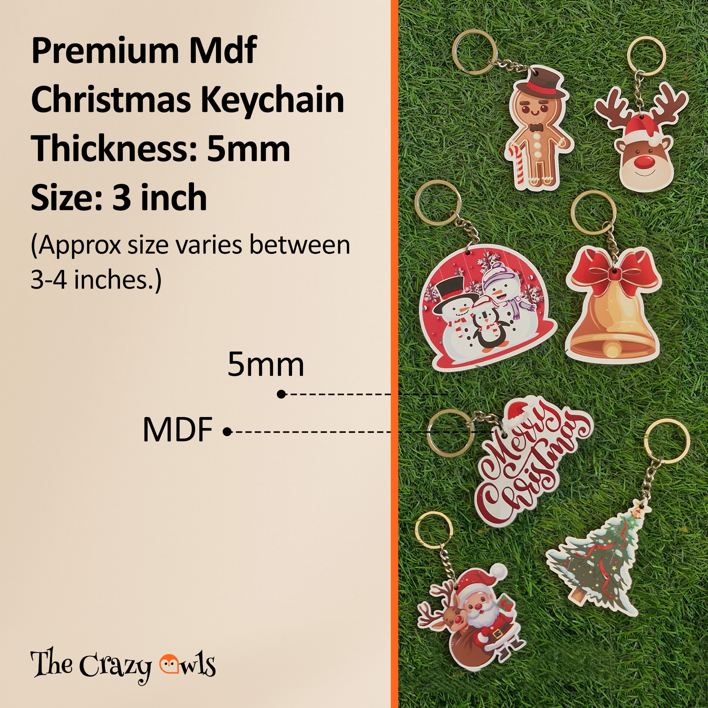 Snowman, Reindeer, Gingerbread Man, Santa Claus, Christmas Tree, Merry Christmas & Bell MDF Keychain | Set of 7