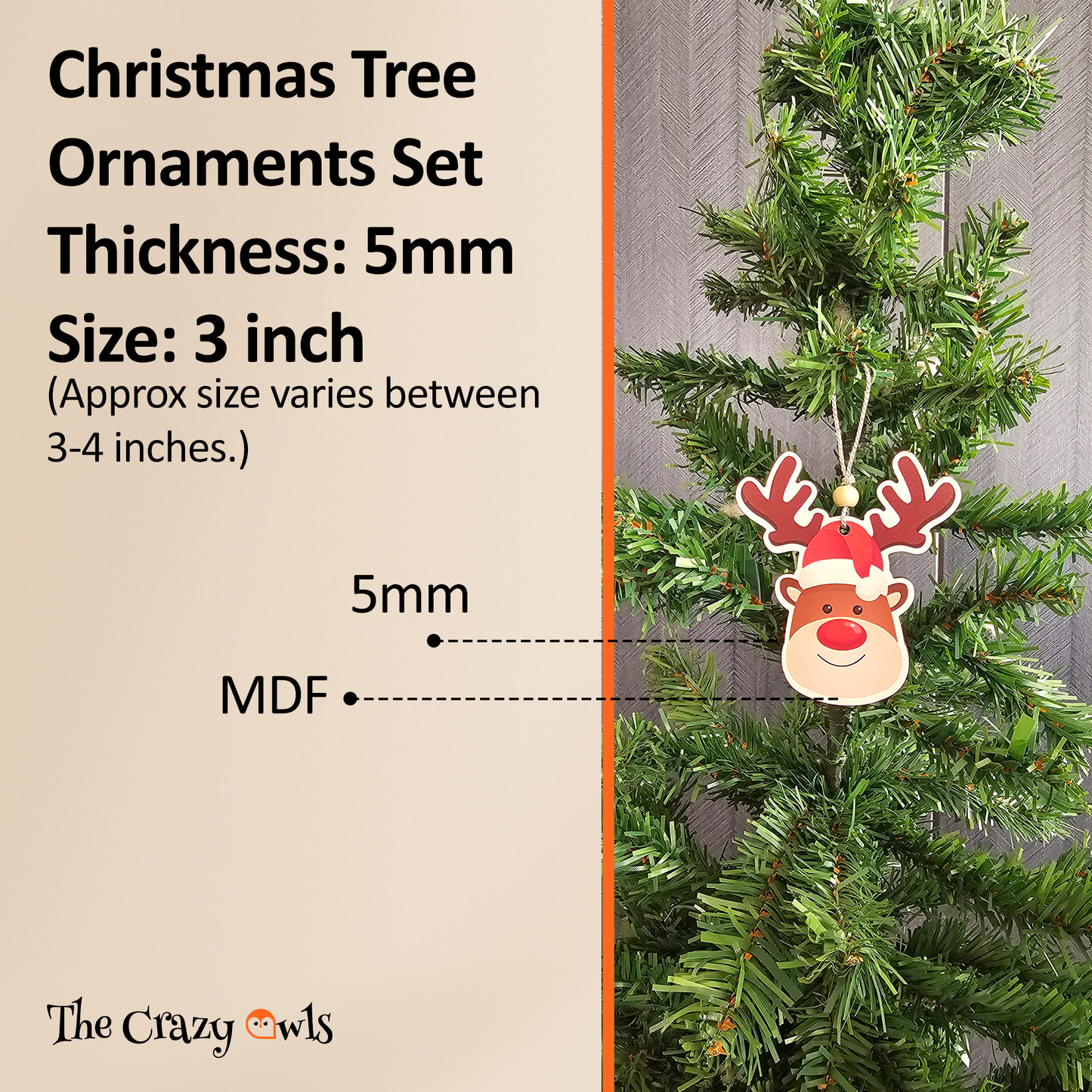 Christmas MDF Hanging Ornaments Cute Red-Nose Reindeer Decor for Christmas Tree Home Decoration, DIY Crafts & Gift Wrapping | 4x3 Inch Set of 6