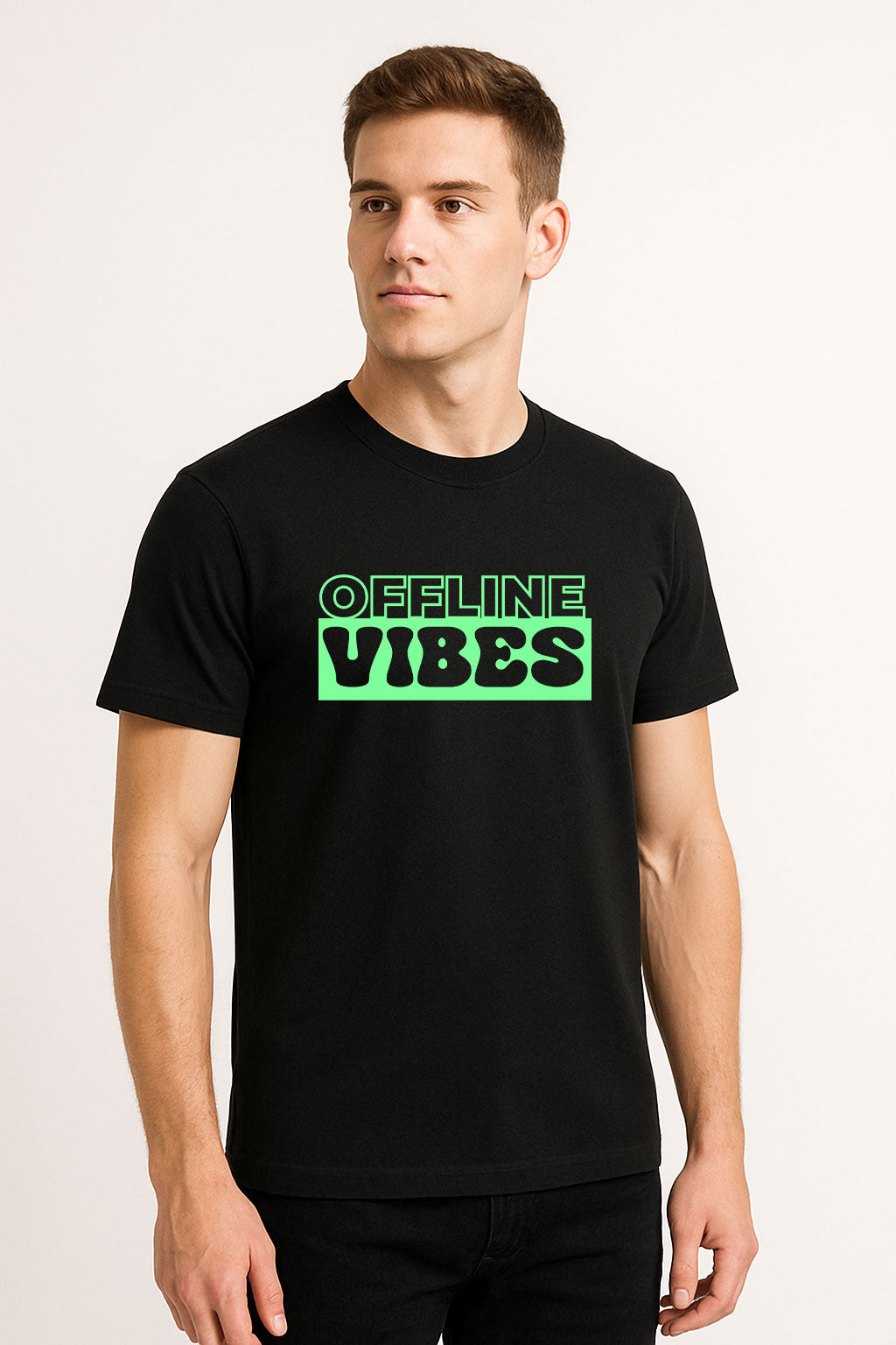 Offline Vibes Printed Pure Cotton T-Shirt for Men | Neon Green Typography Graphic Tee | Trendy Streetwear Half Sleeve T-Shirt