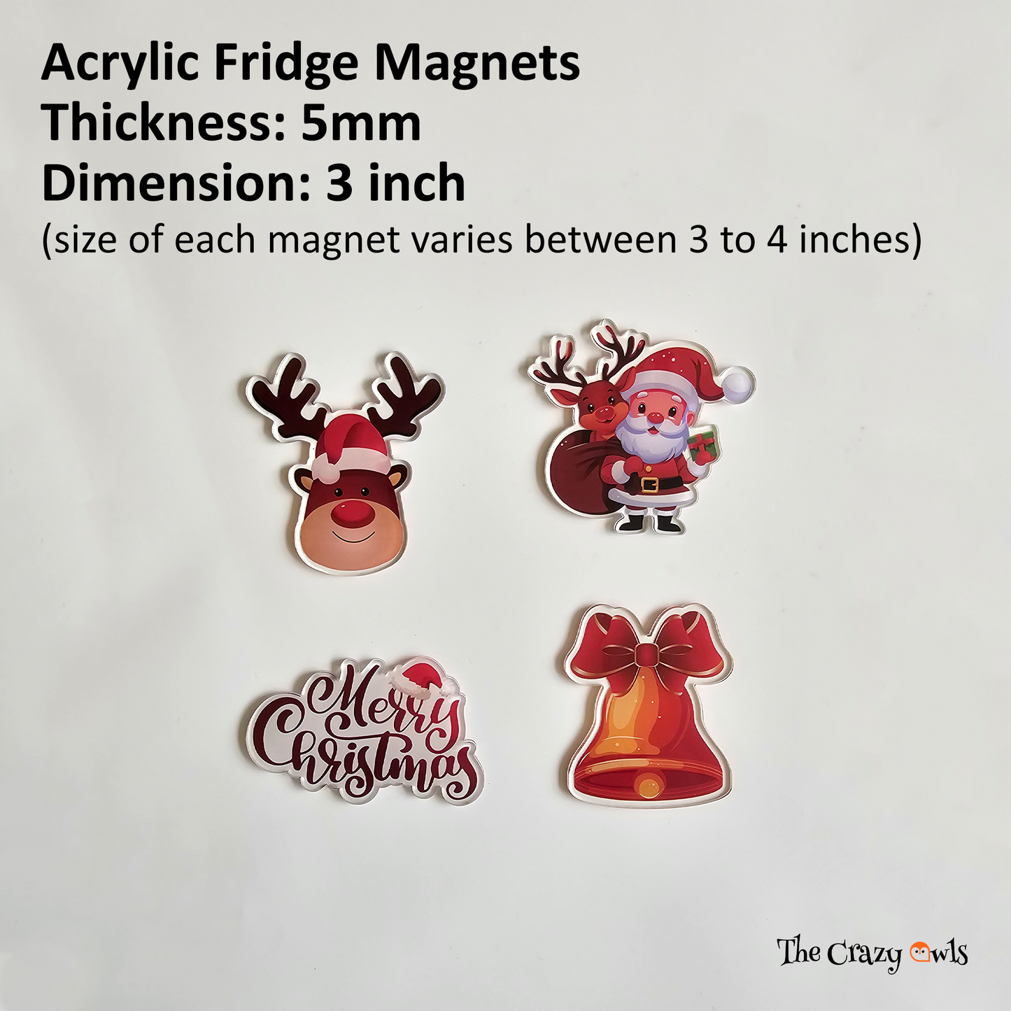 Christmas Acrylic Fridge Magnet Cute Santa Claus, Reindeer Face, Bell & Merry Christmas | Refrigerator Decor, Magnetic Stickers, Stocking Stuffer Gifts, Kitchen & Office | 4x3 Set of 4