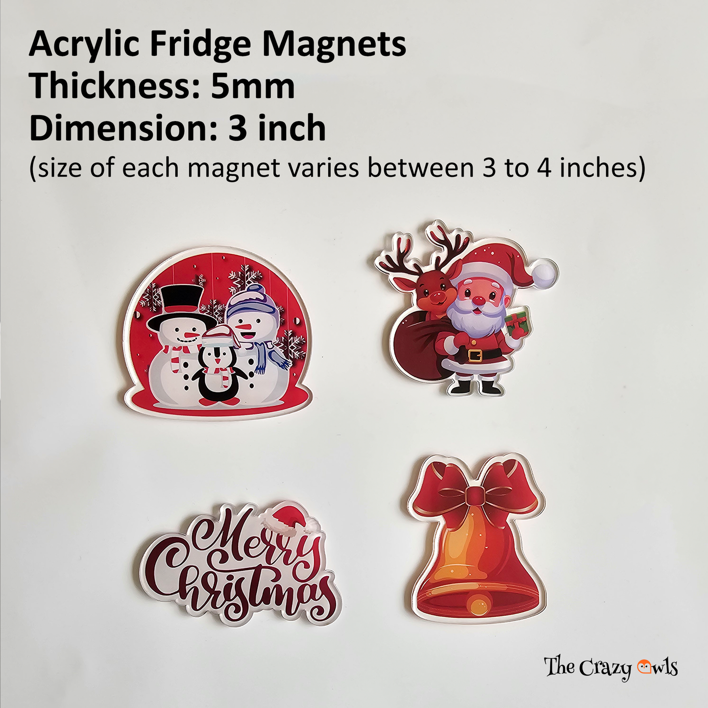 Christmas Acrylic Fridge Magnet Cute Santa Claus, Snowman, Reindeer, Bell & Merry Christmas | Fridge Decor, Gift, Kitchen | 4x3 Inch Set of 4