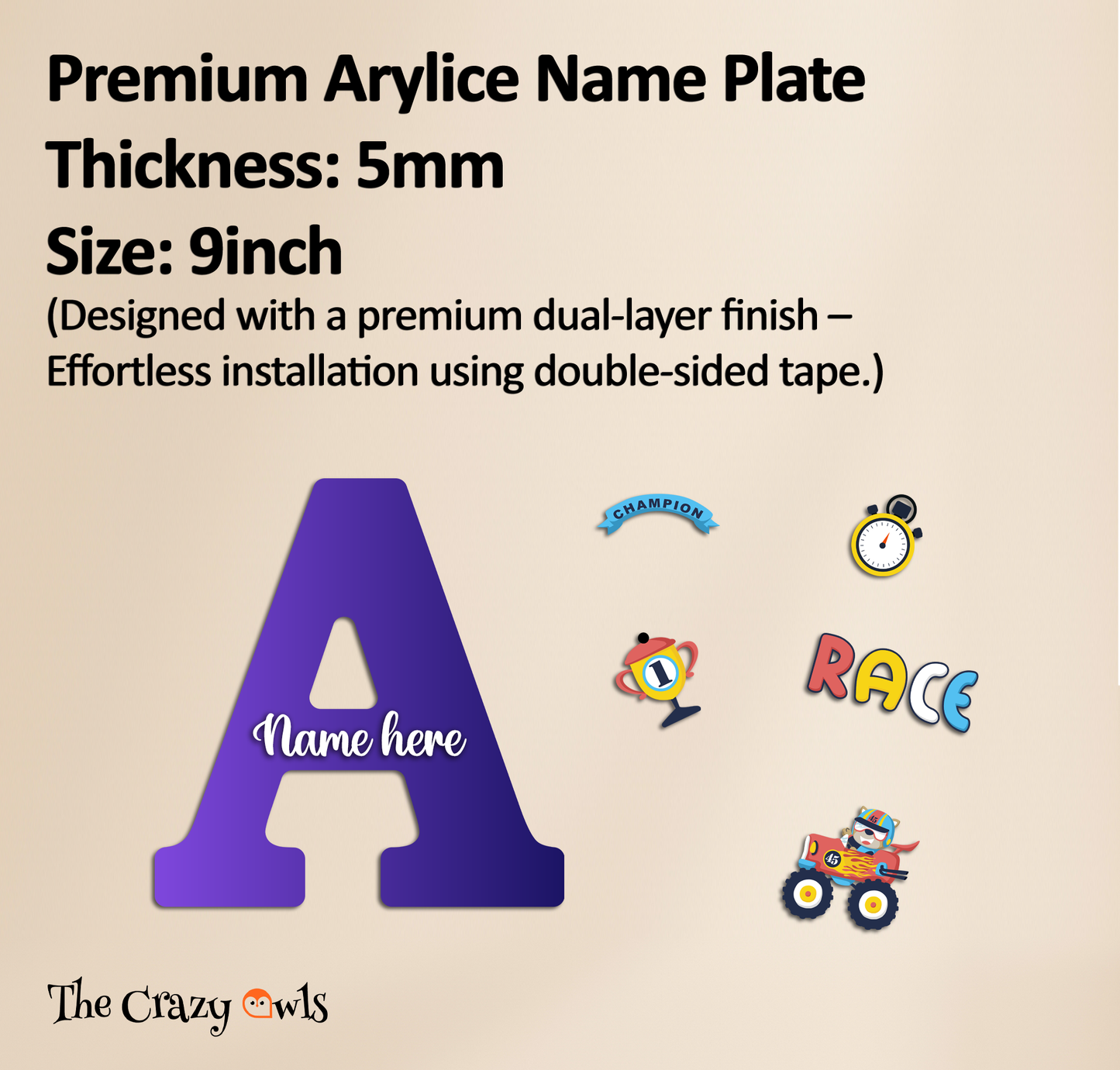 Customized Glossy Acrylic Car Race Theme Name Sign | 9 Inch Champion Racer Personalized Alphabet Nameplate for Kids Room Decor | Includes Hanging Rope/Tape