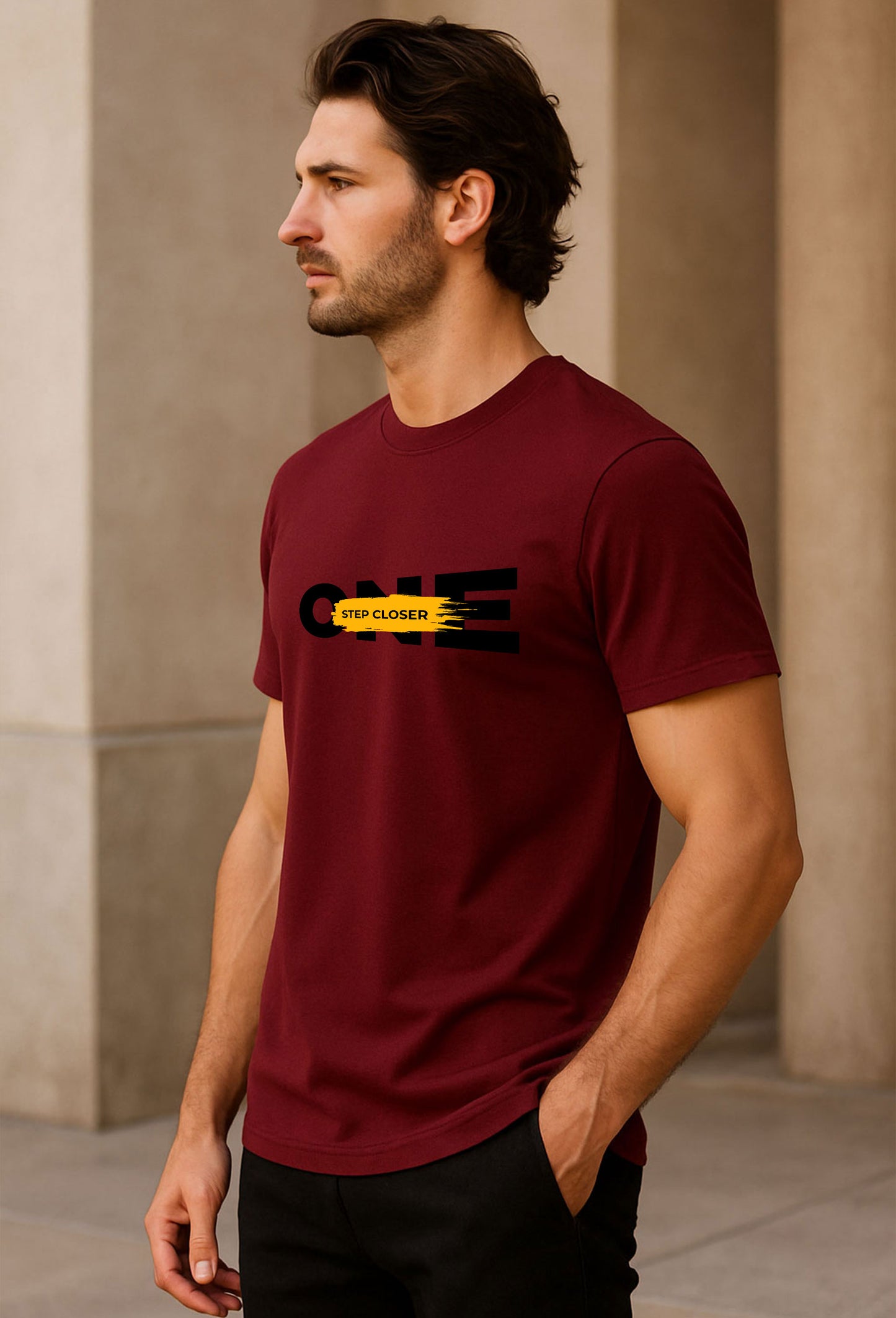 One Step Closer Printed Pure Cotton T-Shirt for Men | Motivational Quote Graphic Tee | Half Sleeve Casual Slim Fit Stylish T-Shirt