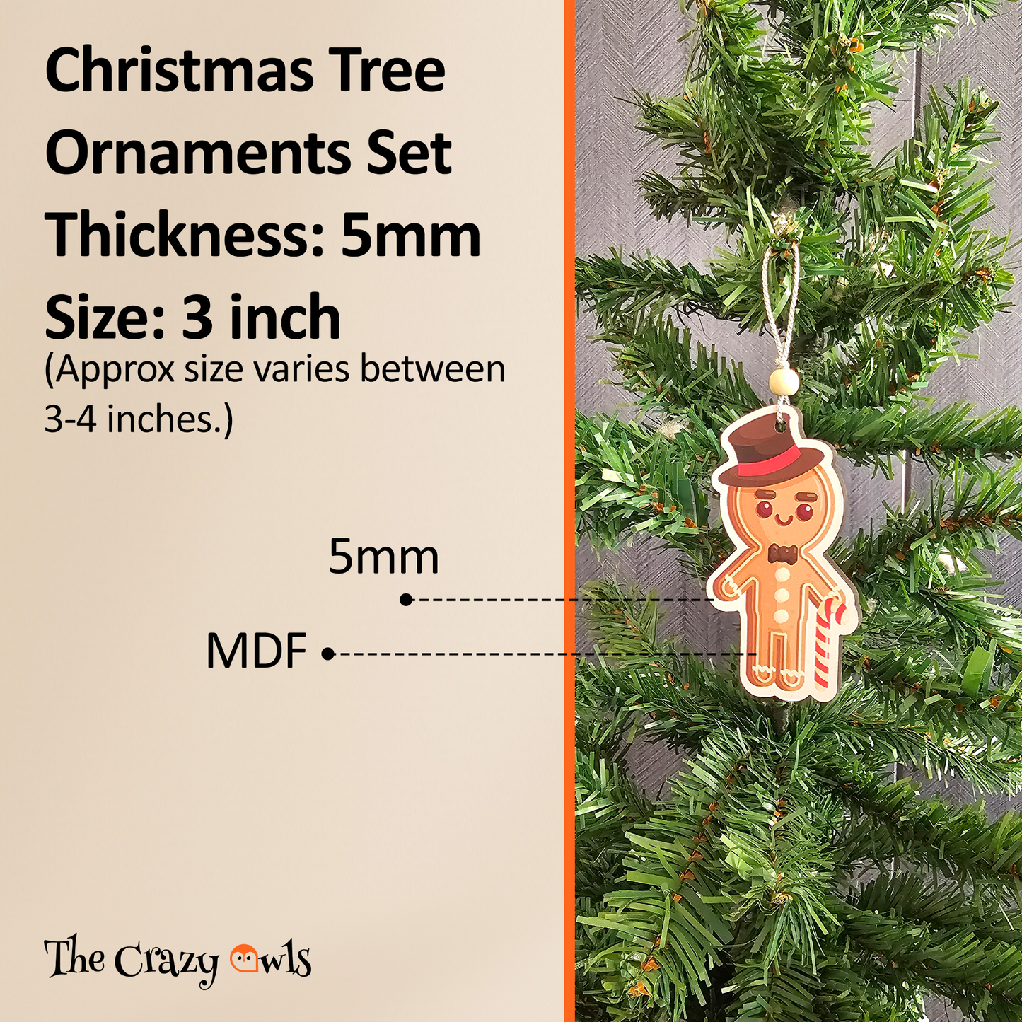 Gingerbread Man Christmas Hanging MDF Ornaments Cute Holiday Tree Decorations with Candy Cane | Christmas Decor for Home, Parties, Gifts & DIY Crafts | 4x3 Inch Set of 6