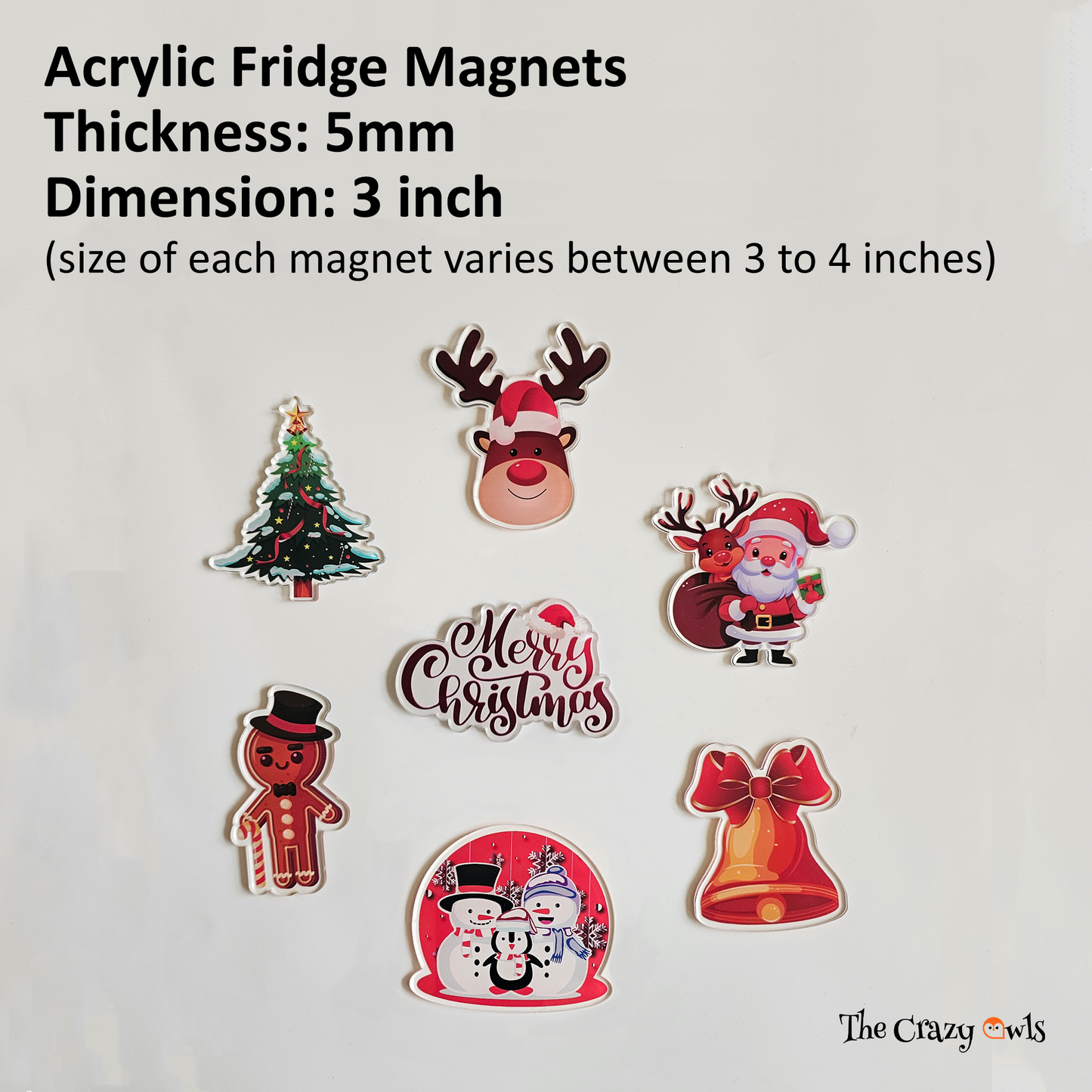 Christmas Fridge Acrylic Magnet Santa Claus, Snowmen, Reindeer, Gingerbread Man, Bell, Christmas Tree & Merry Christmas | Refrigerator Decor, Stocking Stuffers | 4x3 Set of 7