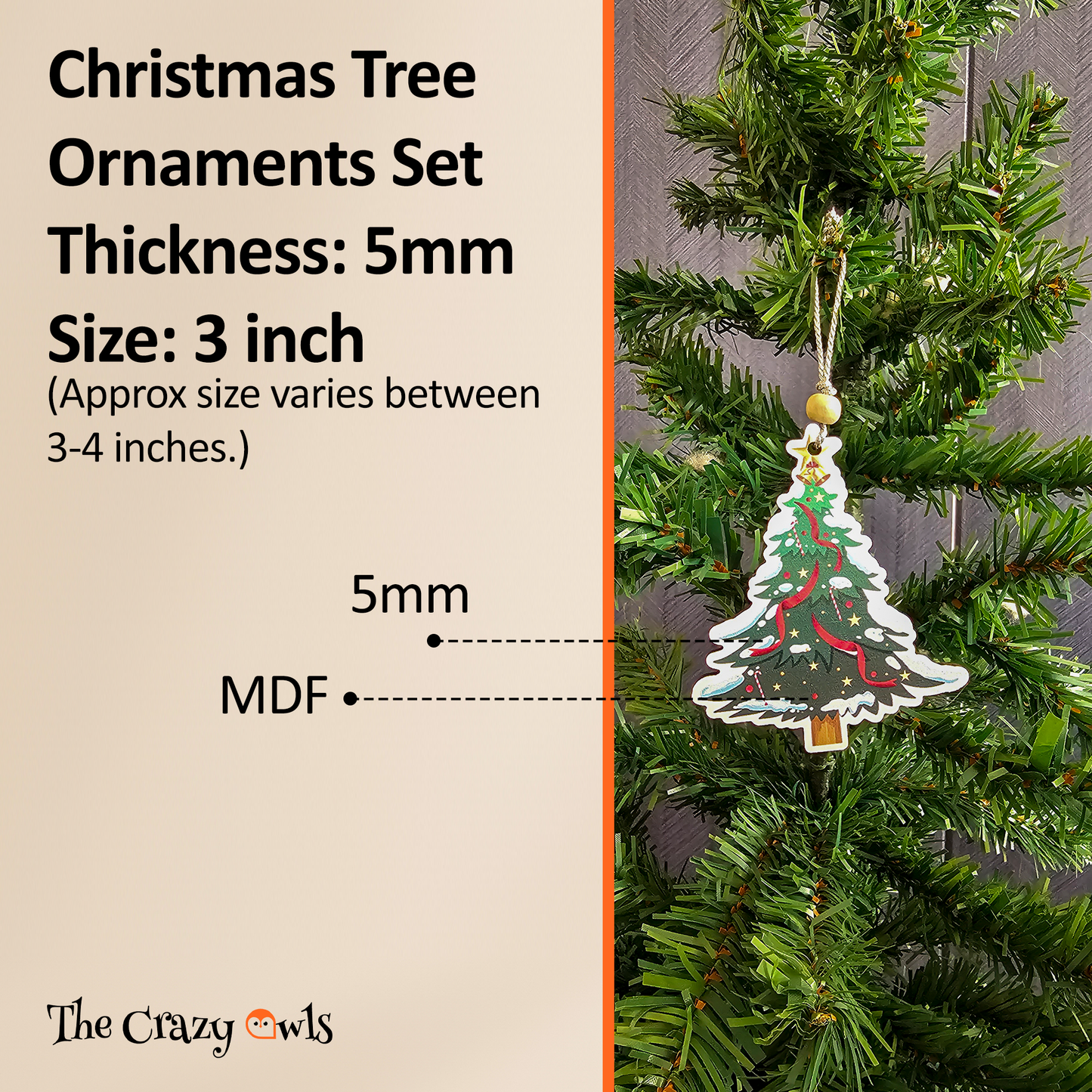 Christmas Tree MDF Hanging Ornaments Festive Decor | Lightweight Winter Snow Christmas Decorations for Home, Gifts & Craft Projects | 4x3 Inch Set of 6
