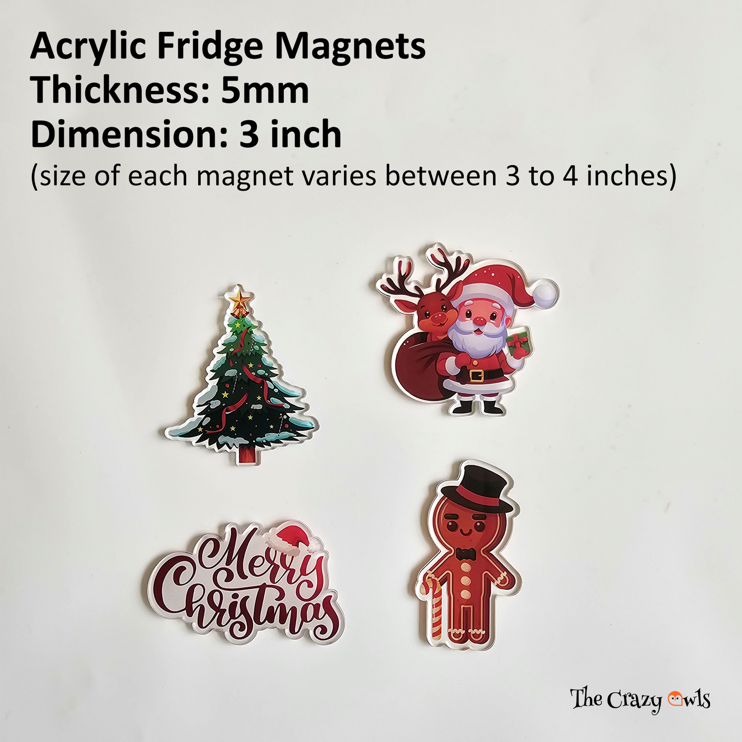 Christmas Acrylic Fridge Magnet Cute Santa Claus, Gingerbread Man, Tree & Merry Christmas | Refrigerator Decor, Magnetic Stickers, Stocking Stuffer Gifts, Kitchen & Office | 4x3 Set of 4
