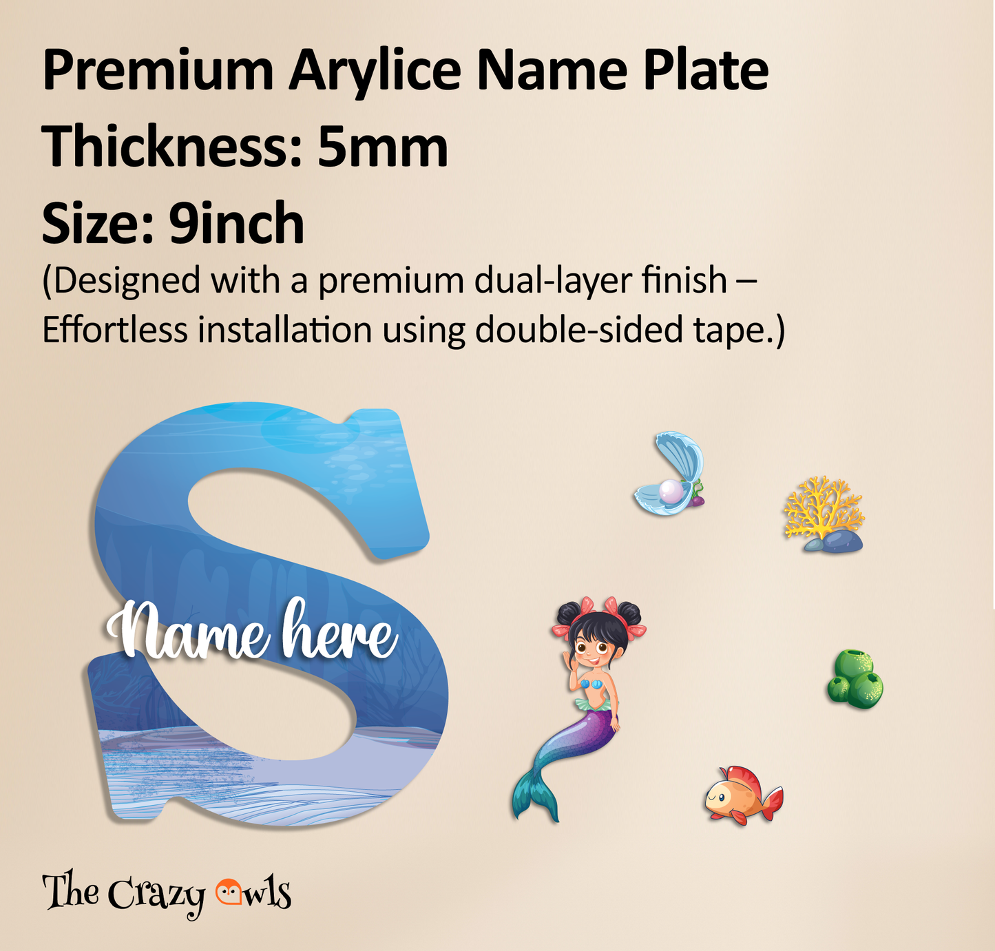 Customized Acrylic Glossy Mermaid Theme Wall Hanging | 9 Inch Custom Name & Alphabate Sign for Kids Room & Playroom Decor | Ocean Theme Alphabet Nameplate | Includes Hanging Rope/Tape