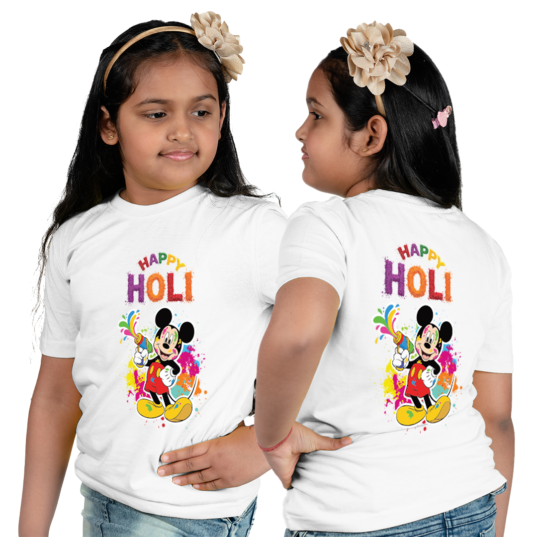 Happy Holi Color Splash Cartoon Print | Kids Festival Wear T-Shirt | Soft Polyester Holi Outfit for Boys & Girls