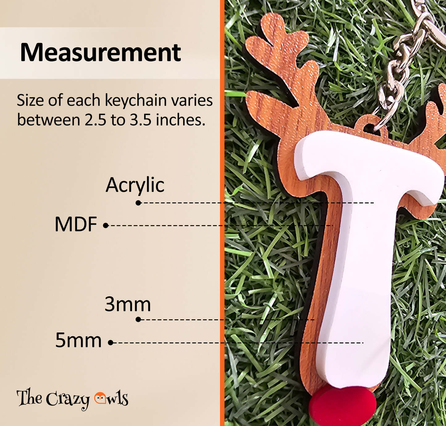 Alphabet Reindeer Keychain | MDF & Acrylic Letter Keyring for Christmas Gifts | Key Chain for Bag, Office & Friends | Pick any 1 A to Z Alphabet of your choice