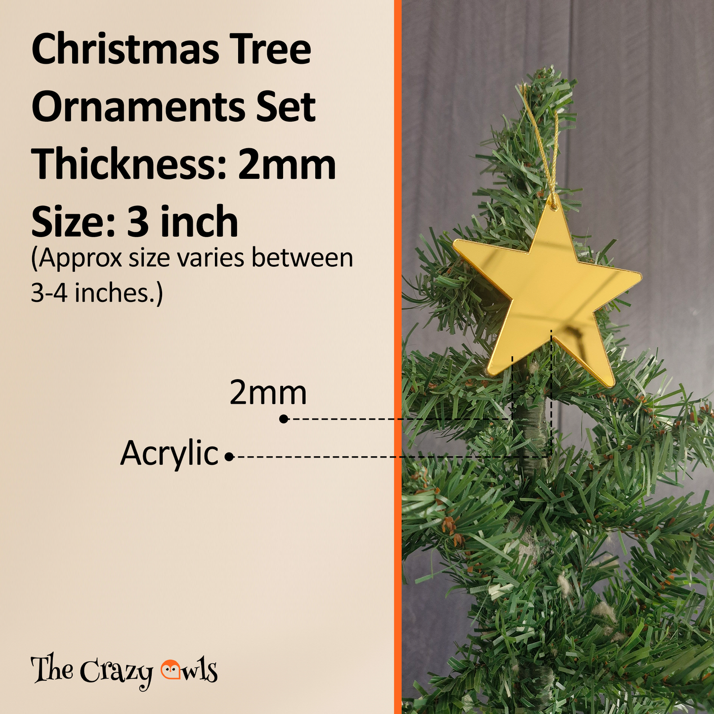 Gold Star Hanging Acrylic Ornaments Glossy Star Decorations for Christmas Tree, Home & Party Decor Crafting | 3 Inch Set of 6