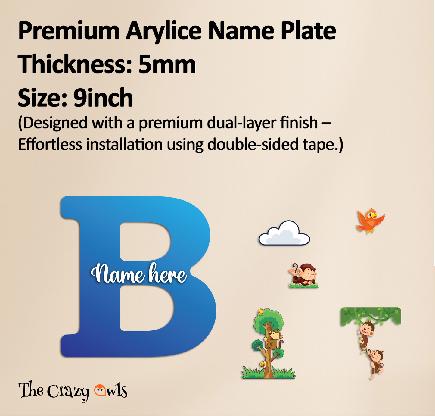 Customized Glossy Acrylic Jungle Monkey Theme | 9 Inch Custom Name Letter Sign for Kids Room & Playroom Decor | Animal Alphabet Nameplate | Includes Hanging Rope/Tape