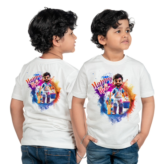 Chombooka Boys & Girls' Colorful Polyester Holi Printed T-Shirt | Festive Fun for Kids | Happy Holi Cricket Theme Printed Tee | Set of 1