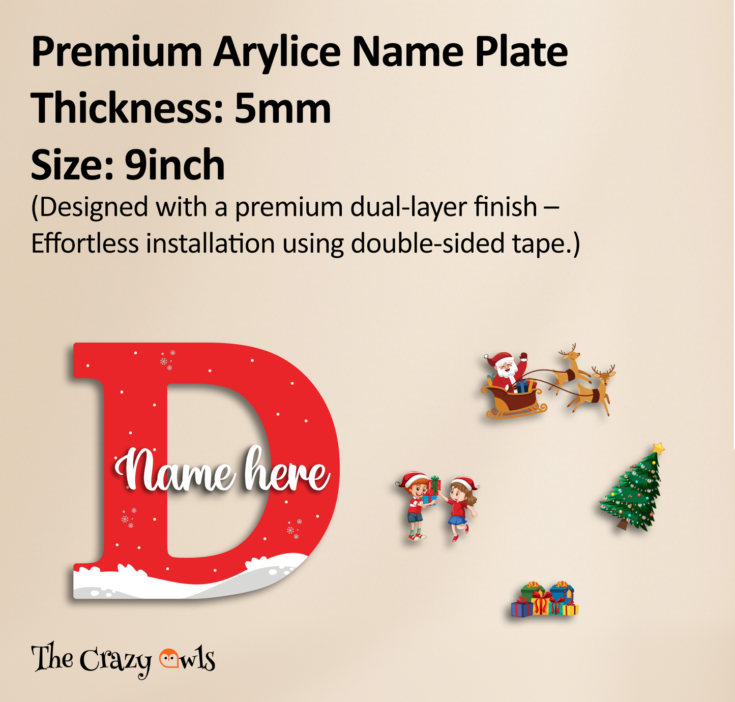 Customized Acrylic Name Sigh Christmas for Kids Room | 9 Inch Santa & Reindeer Design | Personalized Nameplate Christmas Gift | Includes Hanging Rope/Tape