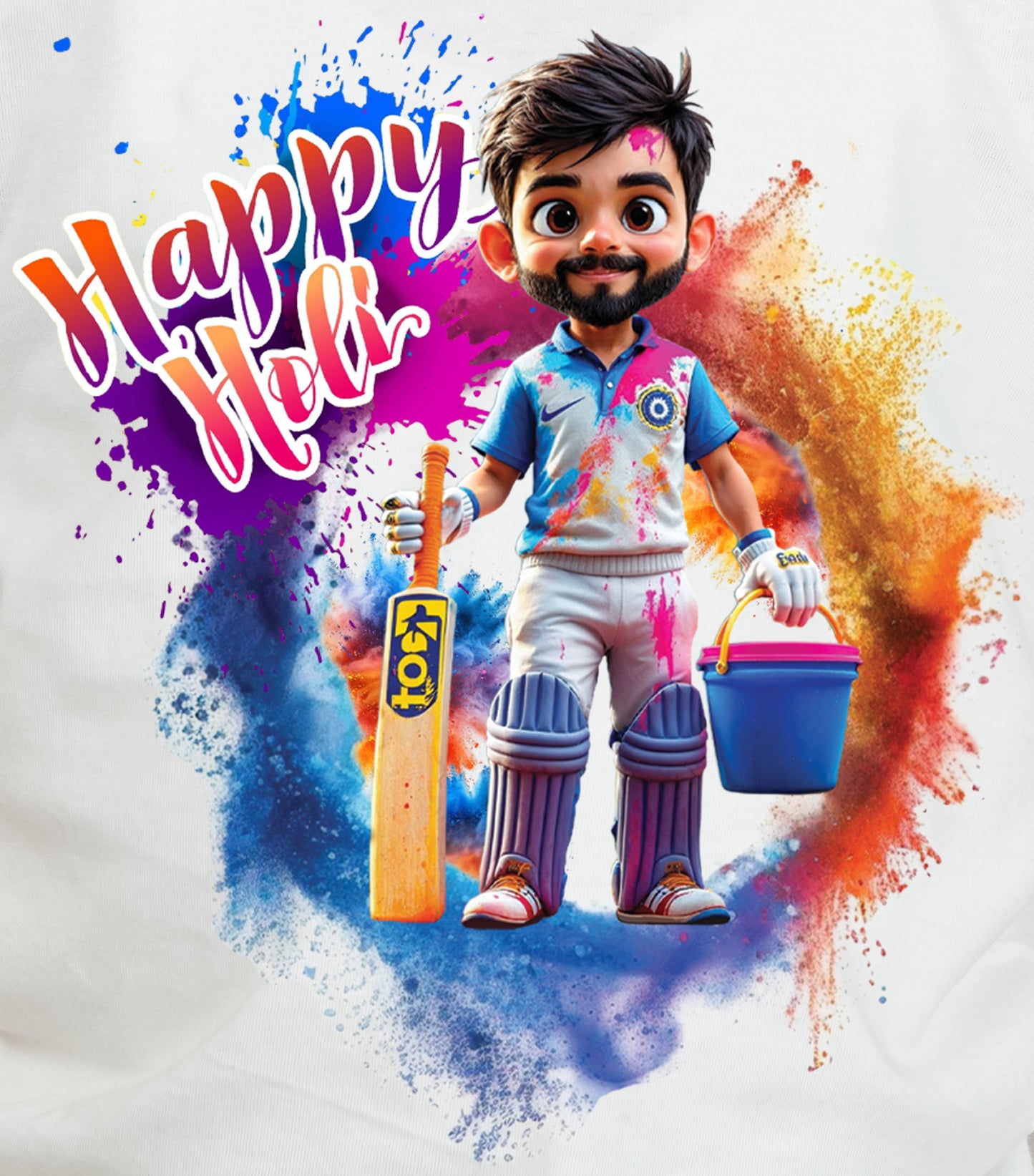 Chombooka Boys & Girls' Colorful Polyester Holi Printed T-Shirt | Festive Fun for Kids | Happy Holi Cricket Theme Printed Tee | Set of 1