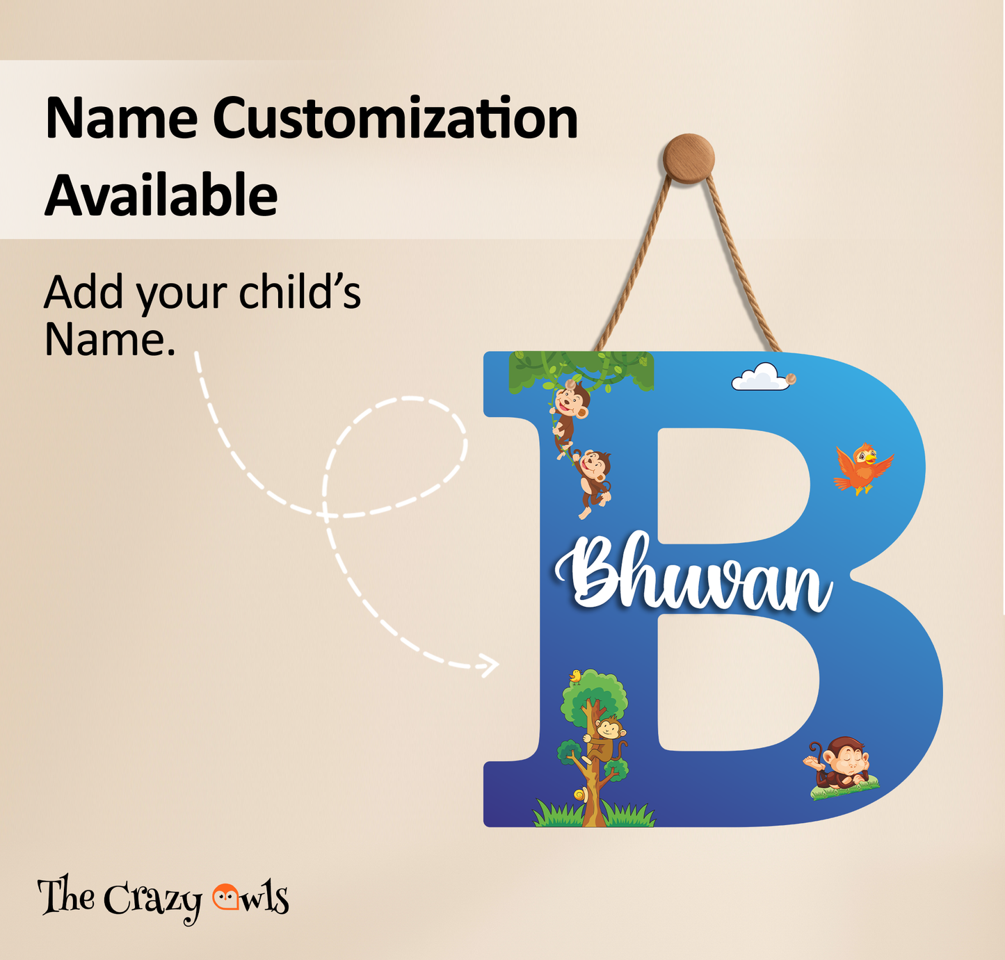 Customized Glossy Acrylic Jungle Monkey Theme | 9 Inch Custom Name Letter Sign for Kids Room & Playroom Decor | Animal Alphabet Nameplate | Includes Hanging Rope/Tape