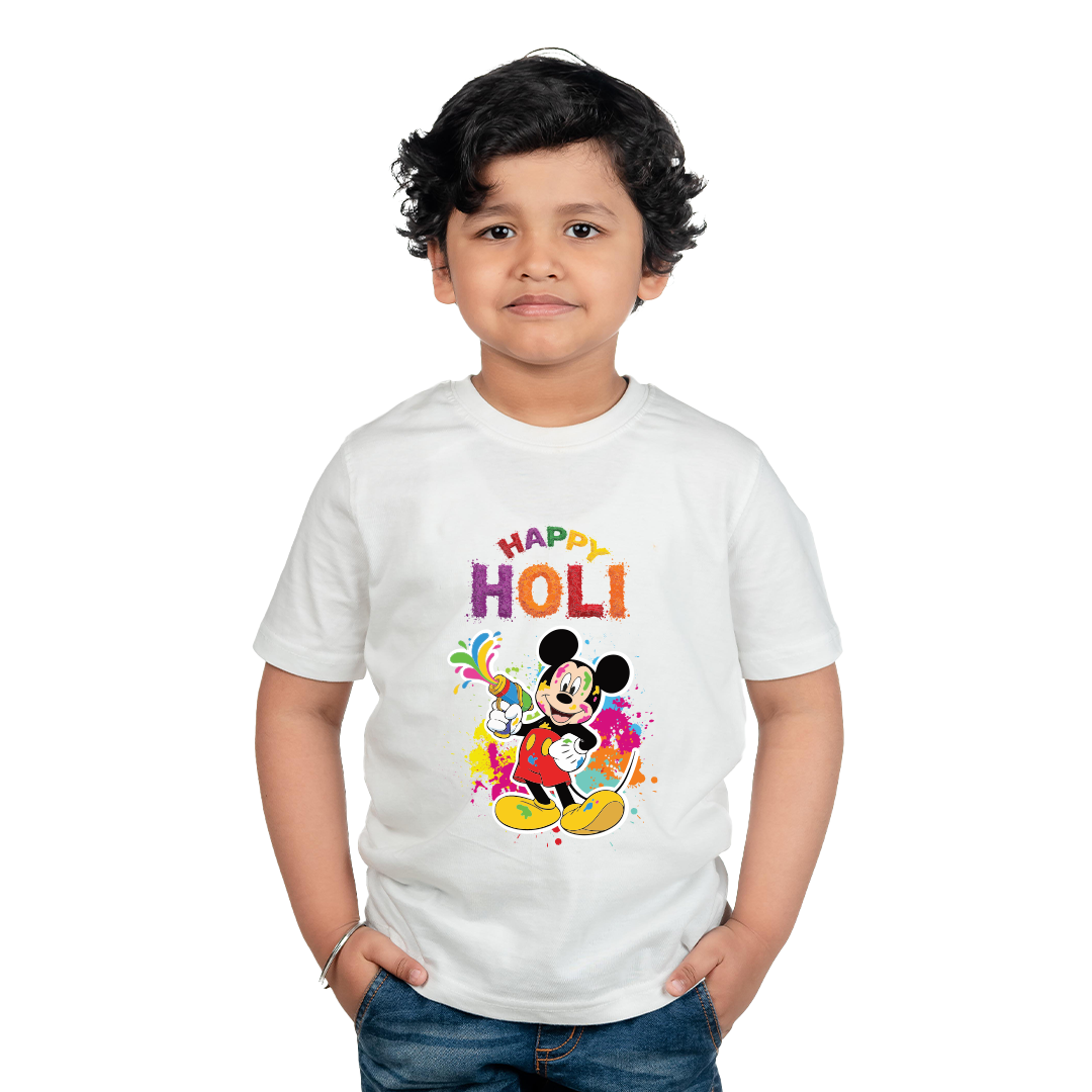 Happy Holi Color Splash Cartoon Print | Kids Festival Wear T-Shirt | Soft Polyester Holi Outfit for Boys & Girls