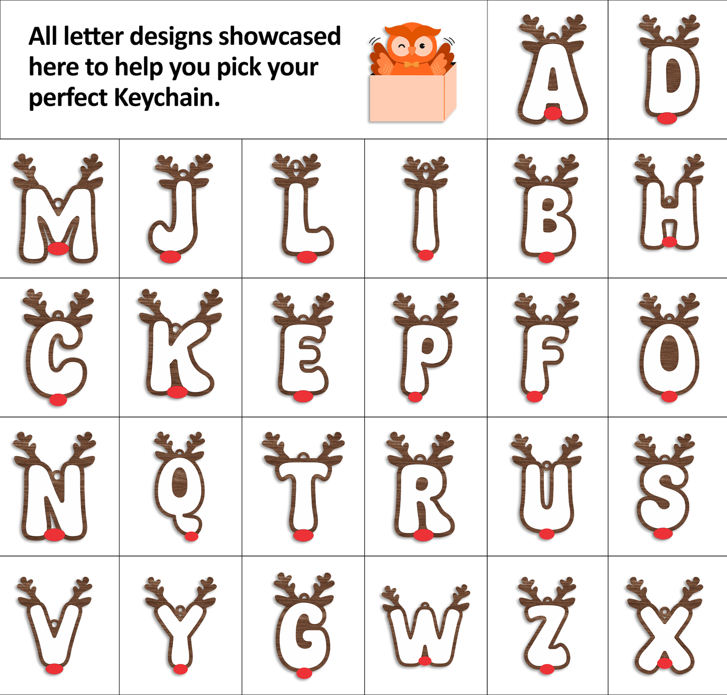 Alphabet Reindeer Keychain | MDF & Acrylic Letter Keyring for Christmas Gifts | Key Chain for Bag, Office & Friends | Pick any 1 A to Z Alphabet of your choice