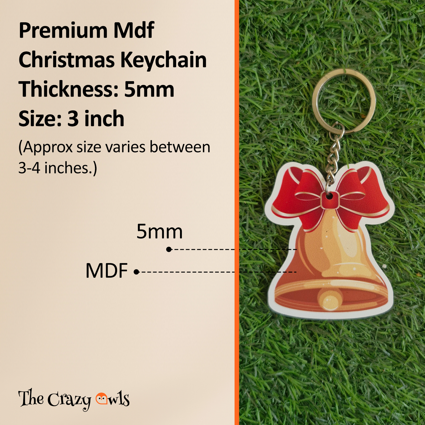 Cute Golden Bell with Red Bow MDF Keychains | Xmas Gifts, Party Favors, Stocking Stuffers, Decoration Accessories for | Set of 10