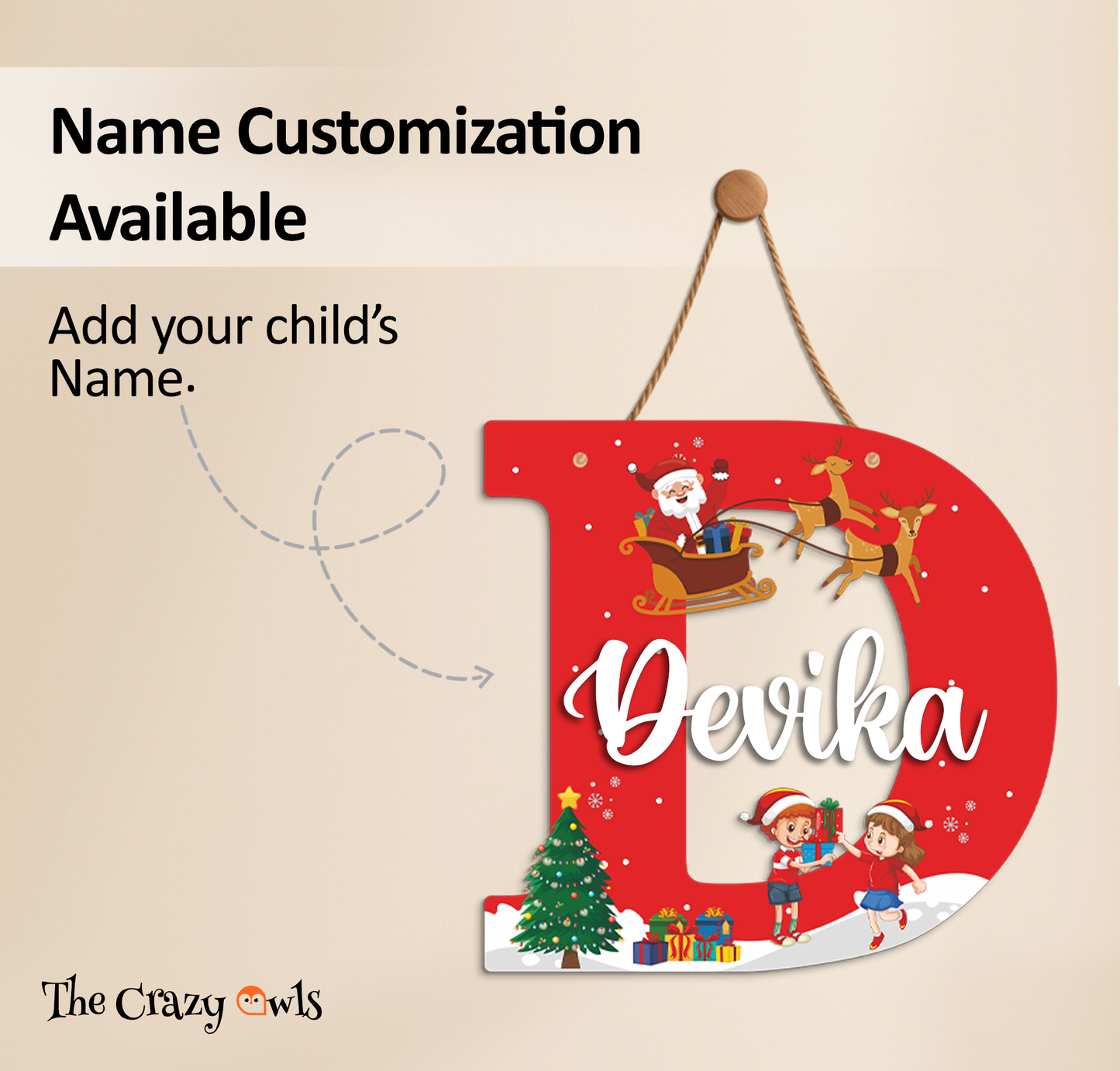 Customized Acrylic Name Sigh Christmas for Kids Room | 9 Inch Santa & Reindeer Design | Personalized Nameplate Christmas Gift | Includes Hanging Rope/Tape