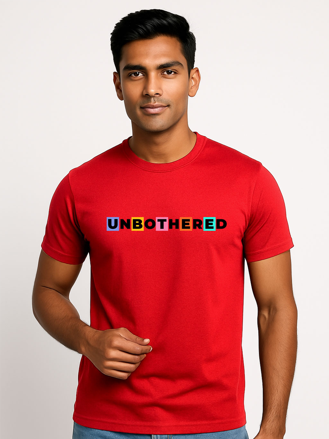 Unbothered Printed Pure Cotton T-Shirt for Men | Colorful Typography Graphic Tee | Trendy Casual Slim Fit Half Sleeve T-Shirt