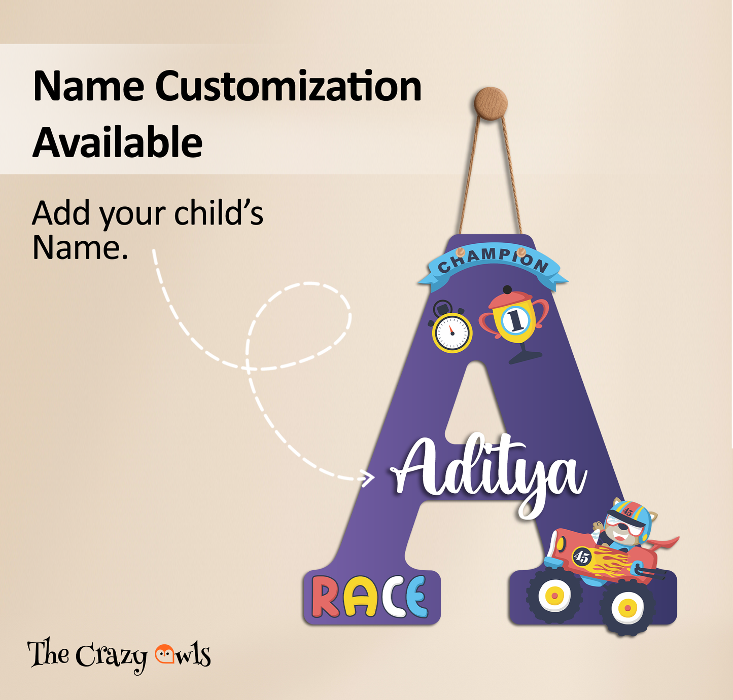 Customized Glossy Acrylic Car Race Theme Name Sign | 9 Inch Champion Racer Personalized Alphabet Nameplate for Kids Room Decor | Includes Hanging Rope/Tape