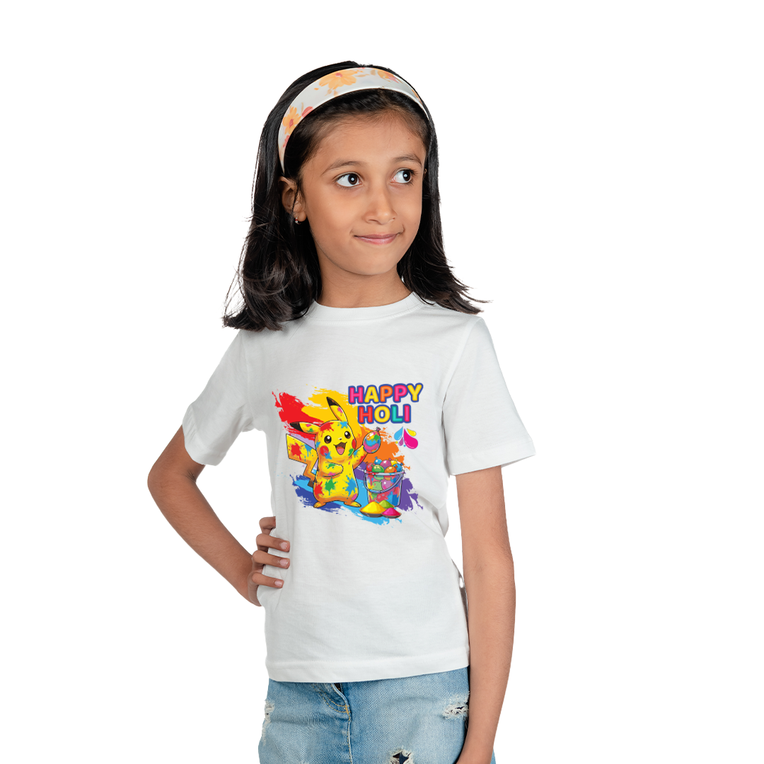 Holi T Shirt for Boys & Girls | Happy Holi Color Cartoon Printed | Festival Wear Polyester T-Shirt
