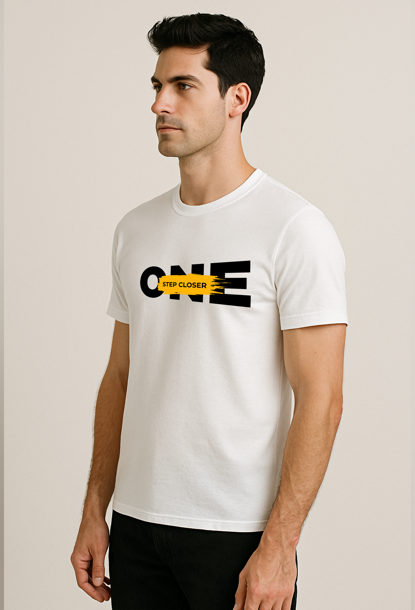 One Step Closer Printed Pure Cotton T-Shirt for Men | Motivational Quote Graphic Tee | Half Sleeve Casual Slim Fit Stylish T-Shirt