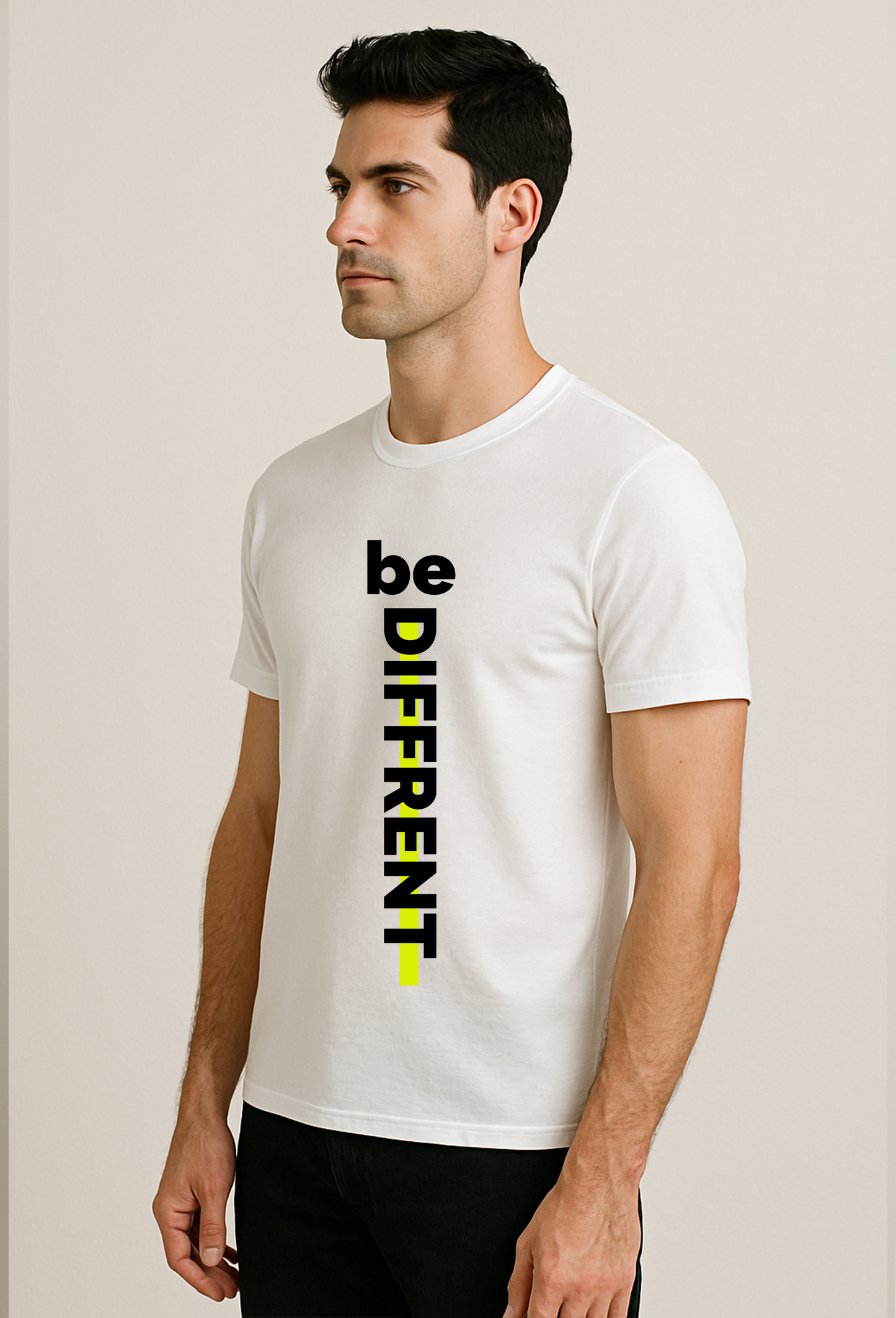 Be Different Printed Pure Cotton White T-Shirt for Men | Trendy Casual Half Sleeve Stylish Tee | Soft Comfortable Regular Fit Summer Wear | Black & Neon Green Text Graphic T-Shirt