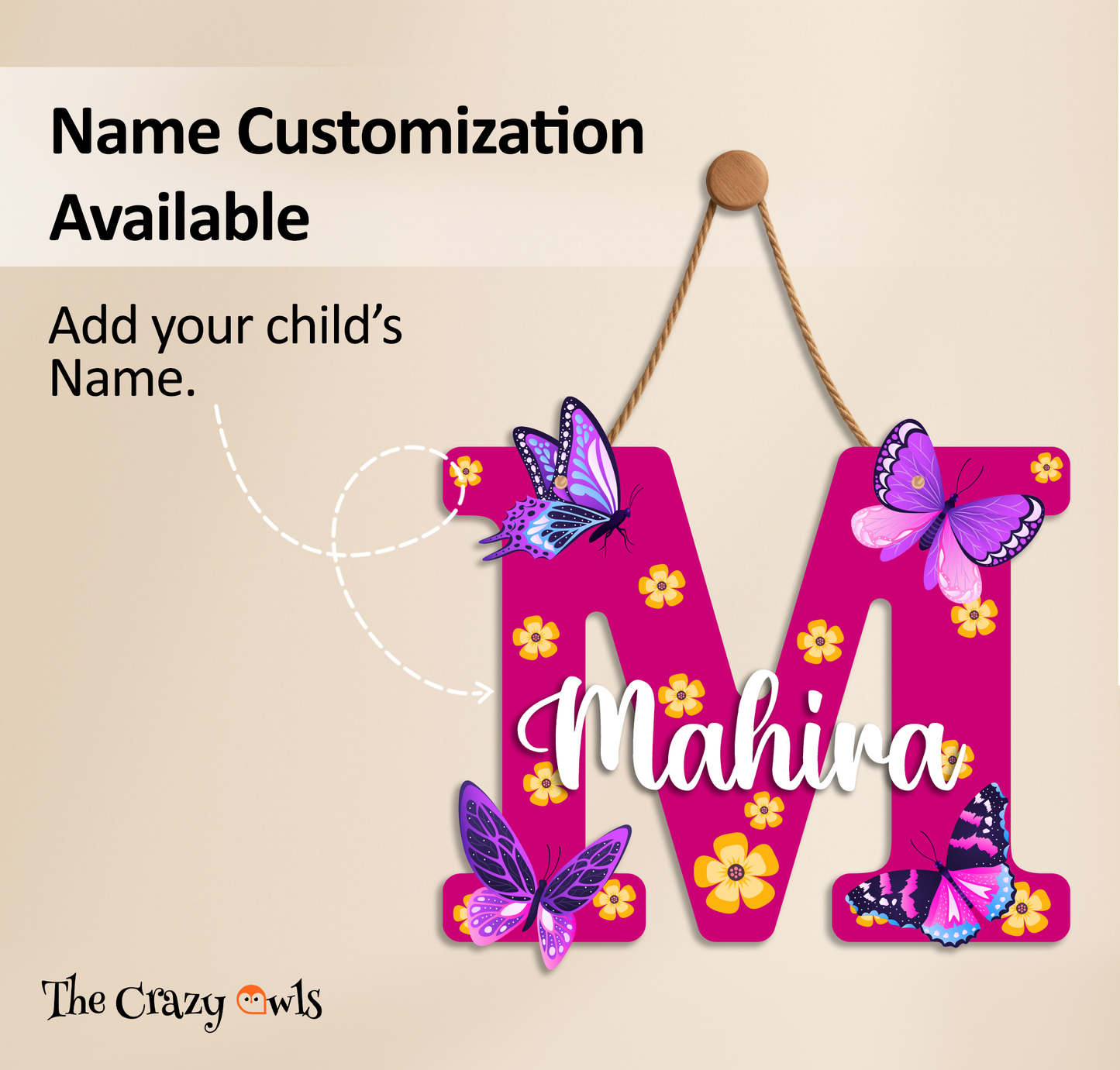 Customized Acrylic Name Sign for Kids Room | 9 Inch Pink Floral Butterfly Initial Wall Decor | Personalized Nameplate Birthday Gift for Girls | Includes Hanging Rope/Tape