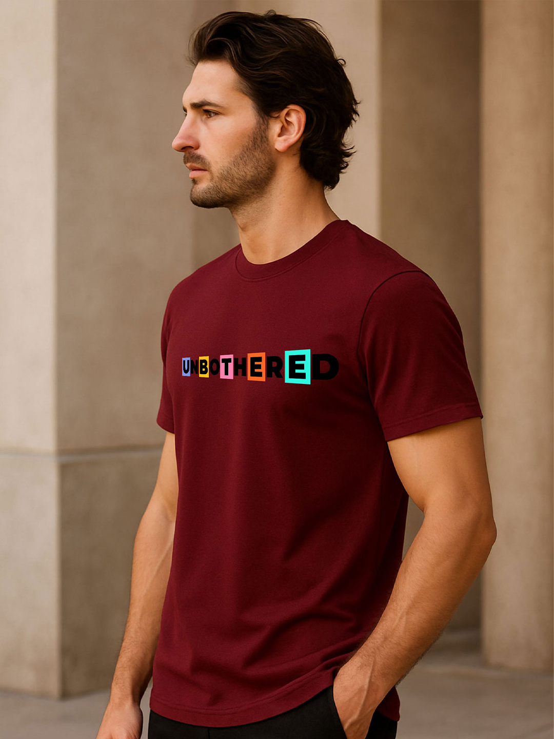 Unbothered Printed Pure Cotton T-Shirt for Men | Colorful Typography Graphic Tee | Trendy Casual Slim Fit Half Sleeve T-Shirt