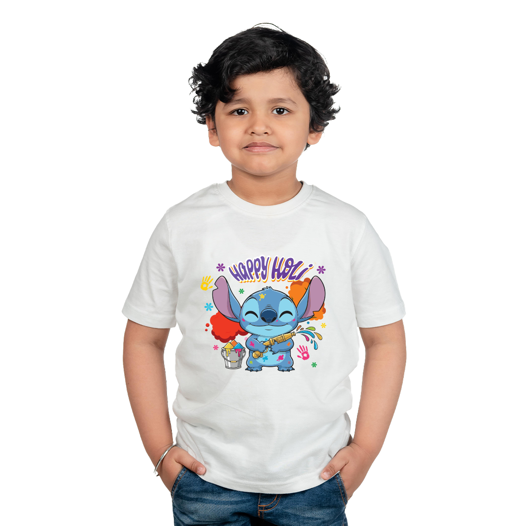 Happy Holi Cute Cartoon Printed | Kids Festival Wear Polyester T-Shirt | Holi Outfit for Boys & Girls