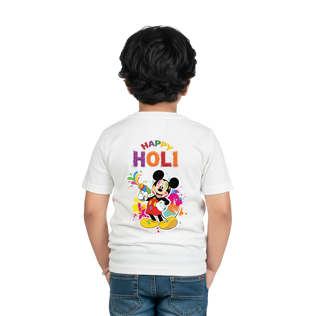 Happy Holi Color Splash Cartoon Print | Kids Festival Wear T-Shirt | Soft Polyester Holi Outfit for Boys & Girls