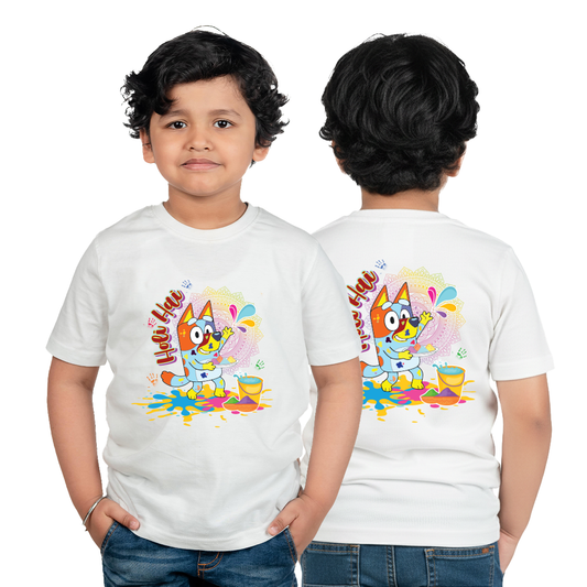 Happy Holi T Shirt for Boys & Girls | Cute Cartoon Dog Color Splash Print for kids | Soft Polyester Casual Wear