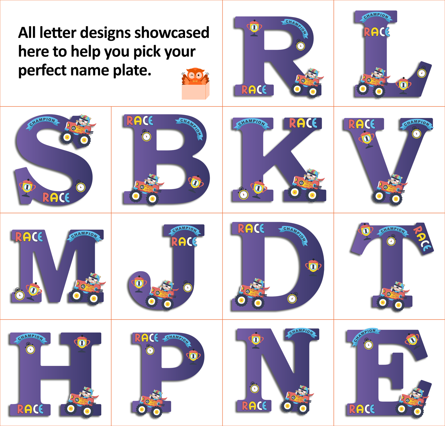 Customized Glossy Acrylic Car Race Theme Name Sign | 9 Inch Champion Racer Personalized Alphabet Nameplate for Kids Room Decor | Includes Hanging Rope/Tape