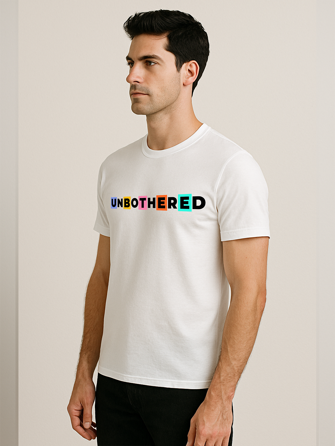 Unbothered Printed Pure Cotton T-Shirt for Men | Colorful Typography Graphic Tee | Trendy Casual Slim Fit Half Sleeve T-Shirt