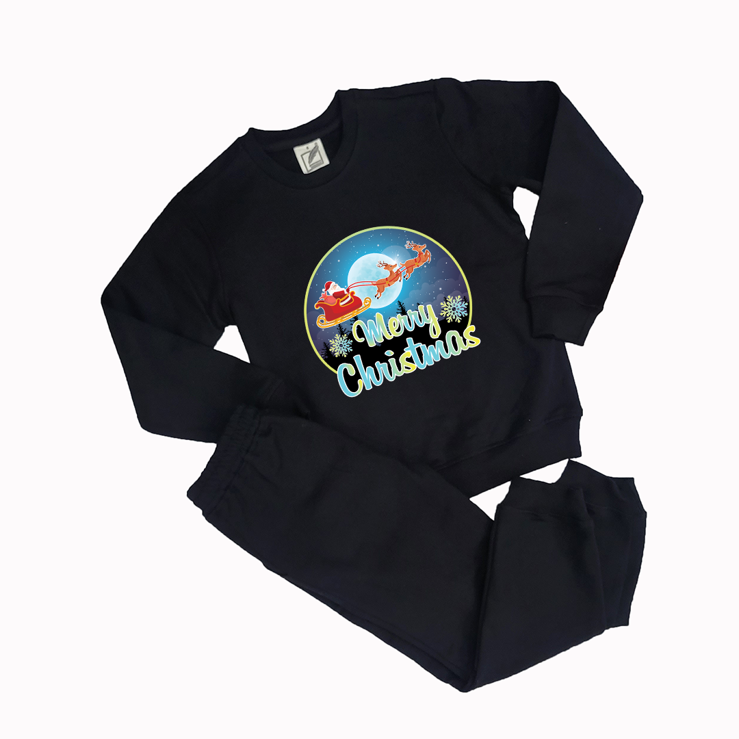 Kids Merry Christmas Sweatshirt Santa Sleigh & Reindeer Flying Over Moon | Cozy Black Winter Wear | Santa Gift for Boys & Girls