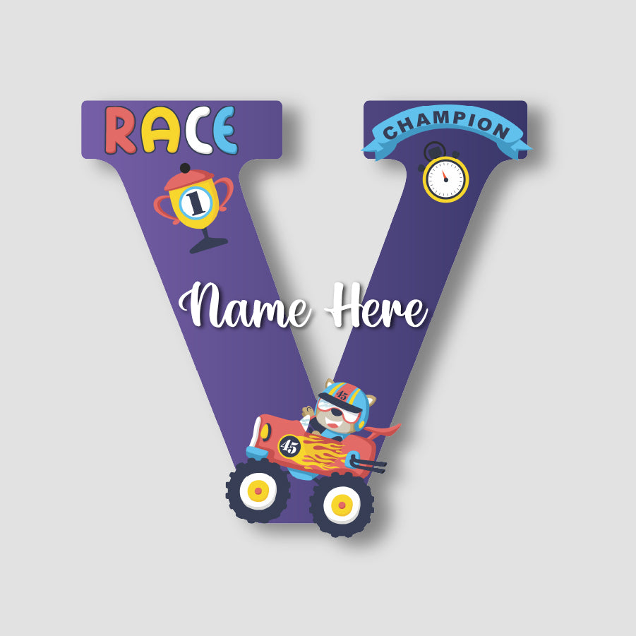 Customized Glossy Acrylic Car Race Theme Name Sign | 9 Inch Champion Racer Personalized Alphabet Nameplate for Kids Room Decor | Includes Hanging Rope/Tape