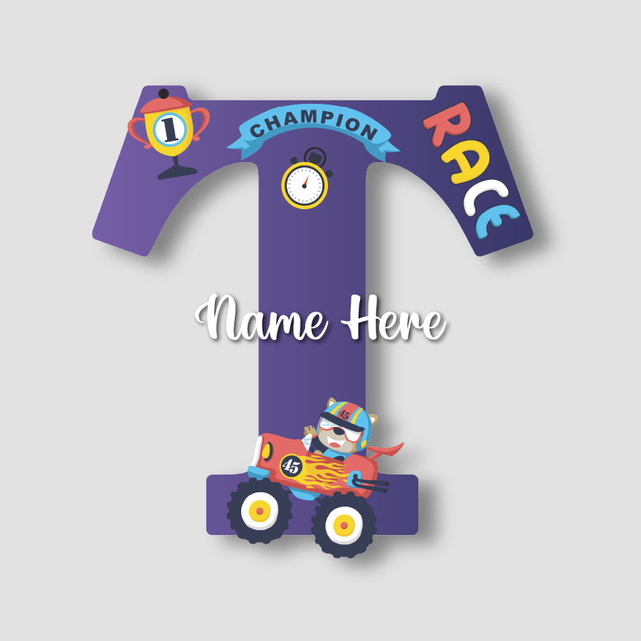 Customized Glossy Acrylic Car Race Theme Name Sign | 9 Inch Champion Racer Personalized Alphabet Nameplate for Kids Room Decor | Includes Hanging Rope/Tape